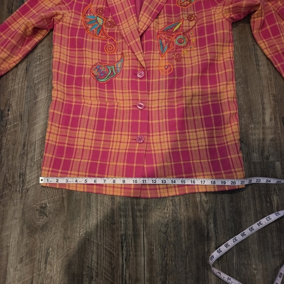 I.B. Diffusion Embroidered Plaid Blazer Jacket Size 10 Pink Orange Vintage 90s - Picture 12 of 14